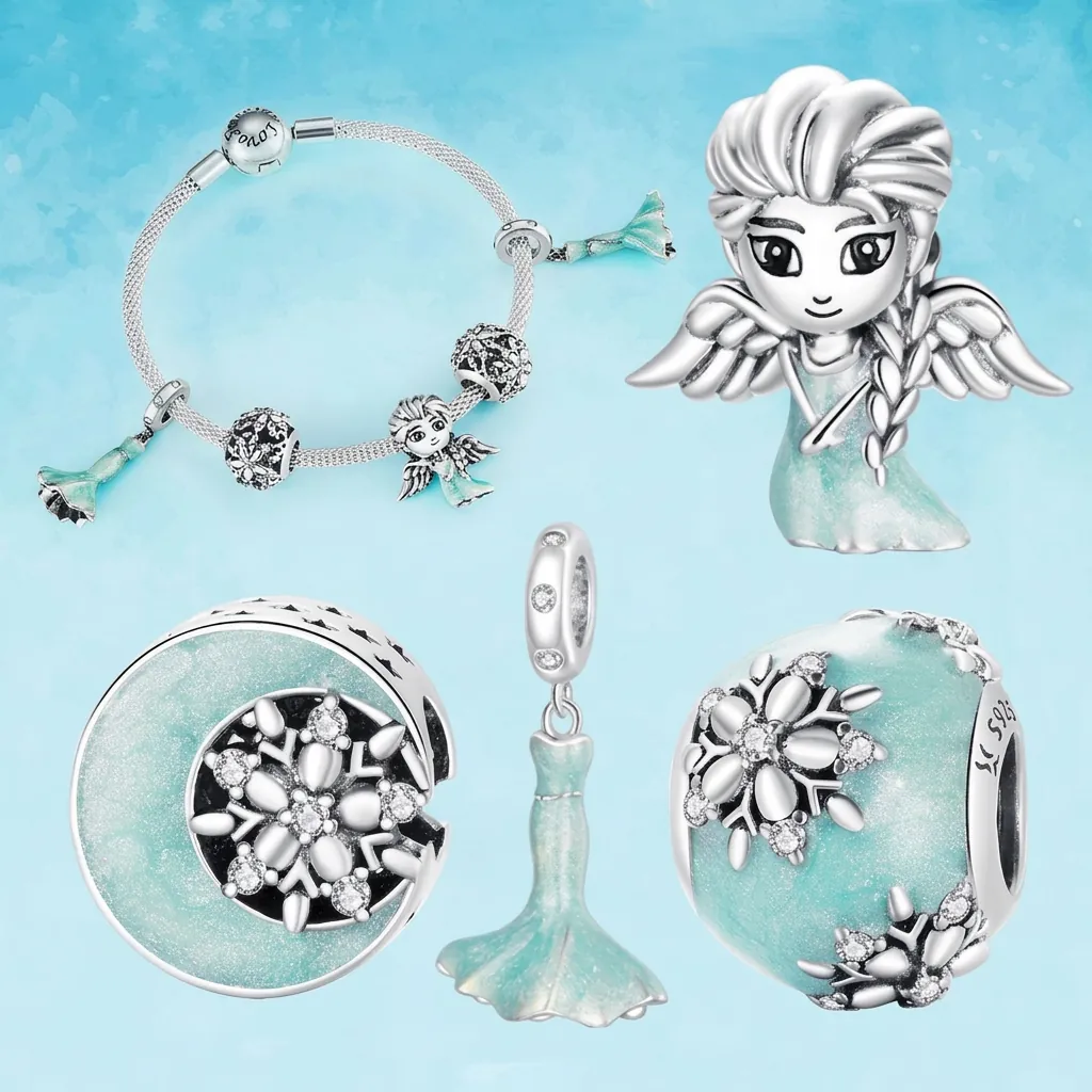 925 Sterling Silver Beads Winter Snowflake Ice Queen Charms With Blue Enamel Zirconia For DIY Bracelet Making Jewelry