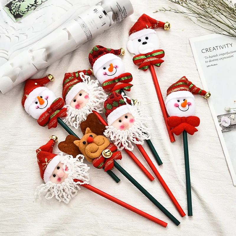 Papeterie De Noël Stylo Crayon Cartoon Topper En Peluche Père Noël Bonhomme De Neige Renne Bois Cadeau Fête Étudiant