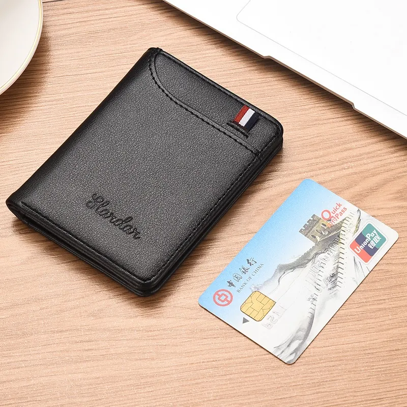 Men Ultra Thin Bifold Wallet PU Leather Litchi Pattern Vertical Card Holder With ID Window Business Casual Purse