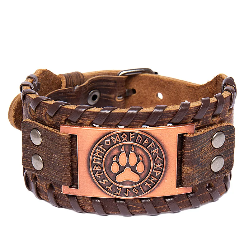 Vintage Viking Leather Bracelet Wolf Paw Nordic Rune Metal Plate Braided Wide Cuff Wristband Punk Men Accessory