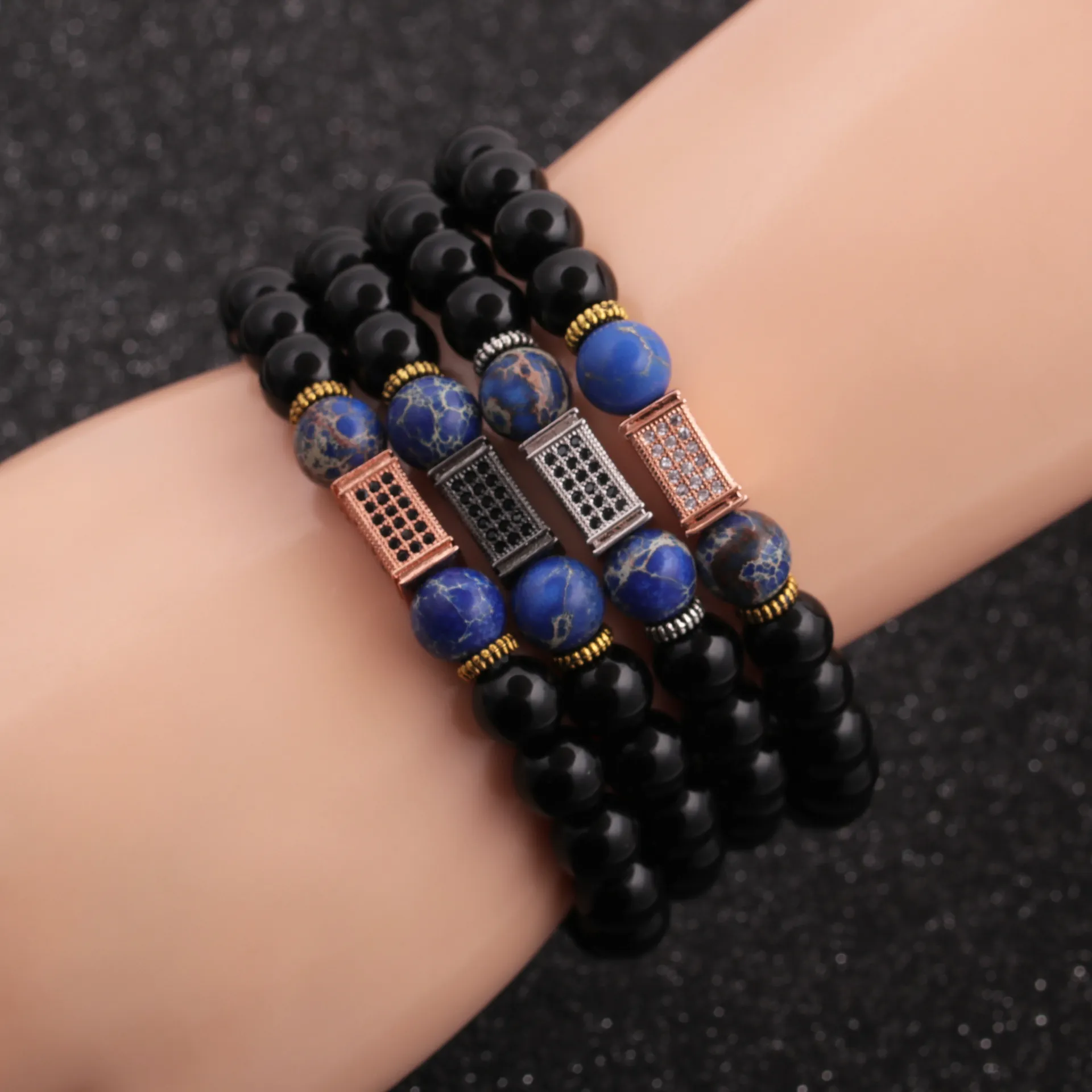 Bracelet Perles Homme Pierre Impériale Agate Zircon Micro Pavé Métal Géométrique Élastique Bijoux Mode