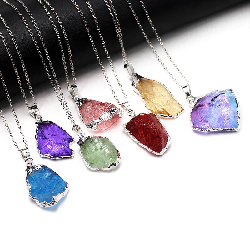 Irregular Natural Crystal Raw Stone Pendant Electroplated Edging Colorful Healing Quartz Gemstone Jewelry Accessory For Women