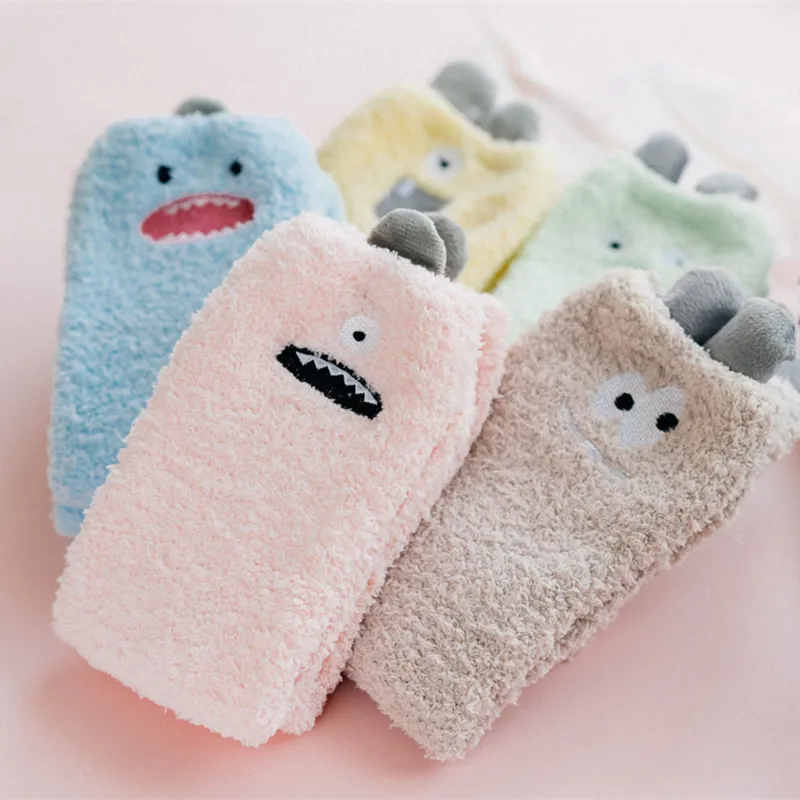 Women Coral Fleece Mid-tube Socks Warm Sweet Cartoon Little Monster Home Sleeping Hosiery Soft Fluffy