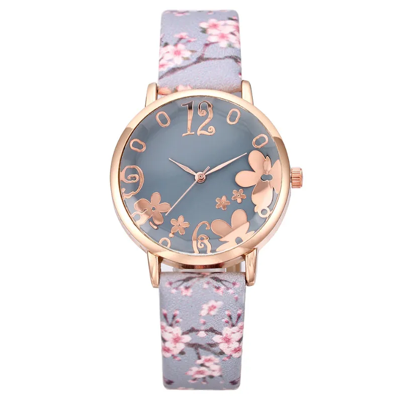 Women Fashion Quartz Watch With Sakura Floral Print Leather Strap Rose Gold Alloy Case Analog Elegant Wristwatch