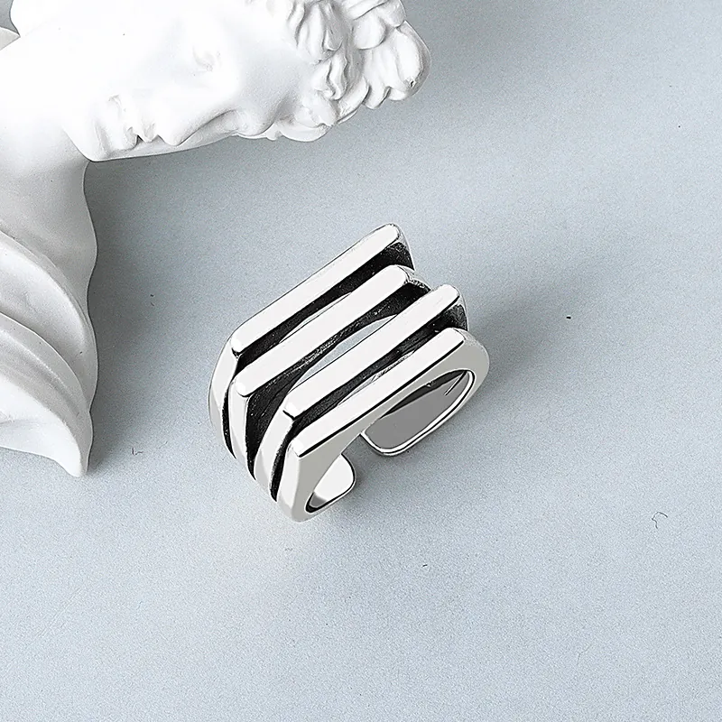 Retro Thai Silver Color Copper Open Ring For Women Men Minimalist Multi Layer Adjustable Geometry Wave Finger Jewelry