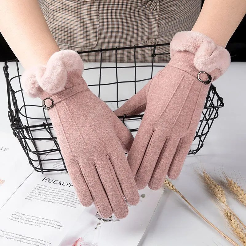 Gants Thermiques Hiver Femme Suède Fausse Fourrure Épaissis Coupe-vent Écran Tactile Cyclisme Extérieur À La Mode
