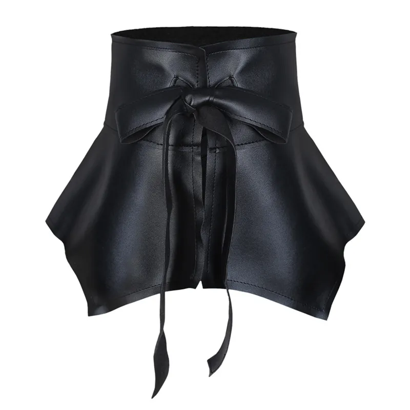 Women Ultra Wide Corset Belt Faux Leather Ruffled Peplum Hem Lace Up Bow Tie Waist Cincher Fashion Accessory