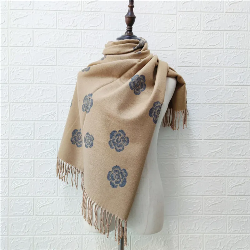 Women Winter Warm Jacquard Scarf Acetate Fiber Floral Camellia Pattern Thickened Long Shawl With Fringe Elegant Wrap