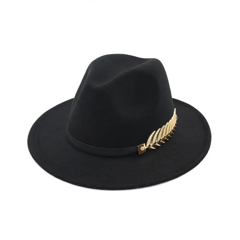 Retro British Style Wool Felt Fedora Hat With Golden Leaf Feather Decor Wide Brim Classic Jazz Hat For Women