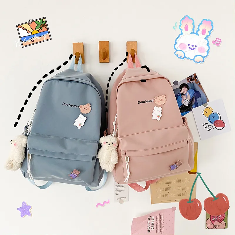 Cute Kawaii Schoolbag For Students Waterproof Nylon Backpack With Plush Bear Pendant And Cartoon Badges Japanese Style