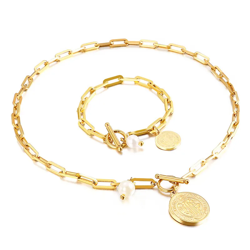 Bijoux Collier Et Bracelet En Acier Inoxydable Avec Künstliche Perle Et Médaille Saint Benoît Chaîne Trombone Pour Femmes