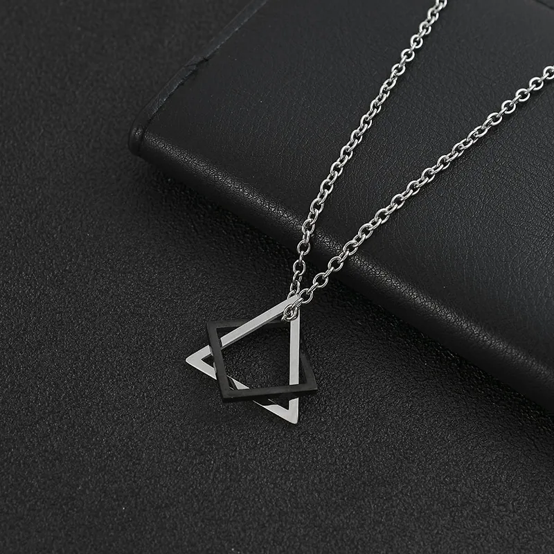 Geometric Interlocking Triangle Square Pendant Necklace Titanium Steel Hip Hop Men Fashion Jewelry Accessory