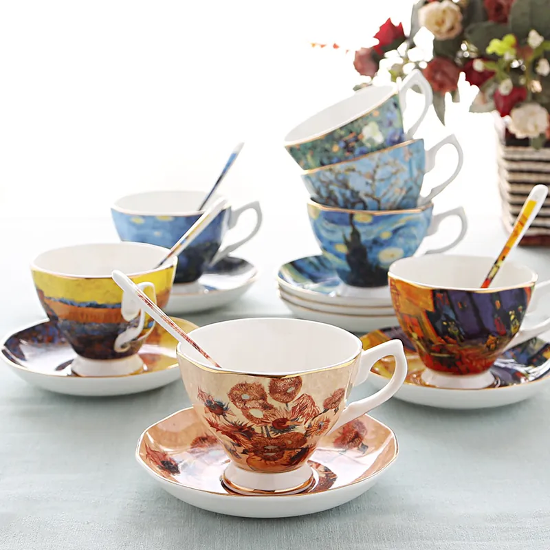 Impressionist Oil Painting Bone China Coffee Cup Saucer Spoon Luxury Ceramic Afternoon Tea Drinkware