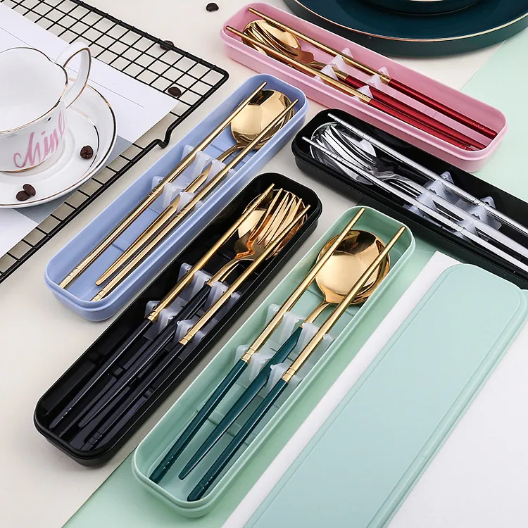Portable Cutlery Stainless Steel Spoon Fork Chopsticks Mirror Polished With Travel Case Anti-Slip Portuguese Style For Office