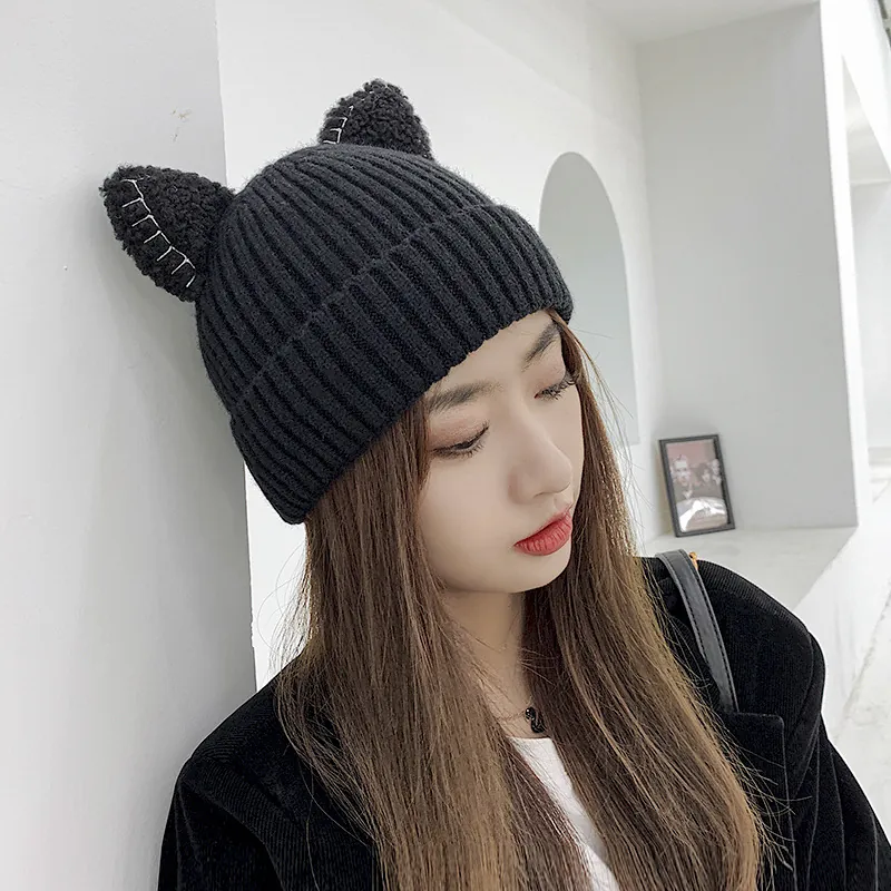 Women Cute Cat Ears Ribbed Knit Beanie Hat Winter Warm Soft Acrylic Crochet Skull Cap Korean Style Fashion Outdoor Headwear