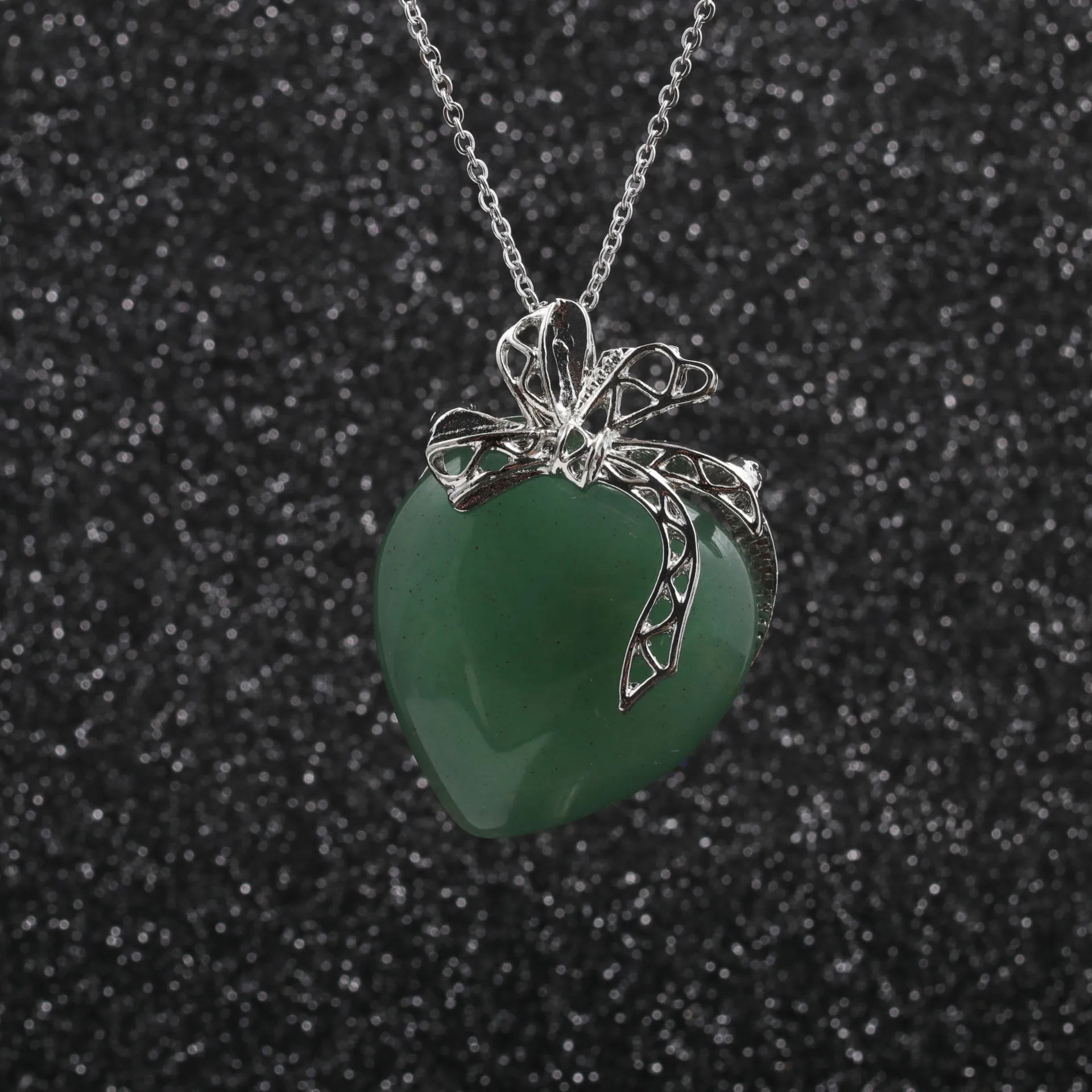 Collier Pendentif Cœur Pierre Naturelle Chaîne Acier Inoxydable Nœud Alliage Bijoux Romantiques Cadeau Femmes