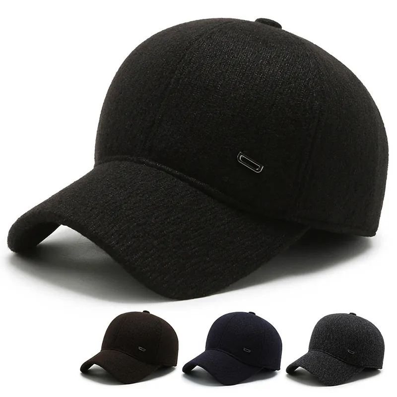 Winter Baseball Cap Warm Woolen Fabric With Ear Flaps Windproof Outdoor Duck Tongue Hat For Men Adjustable Solid Color