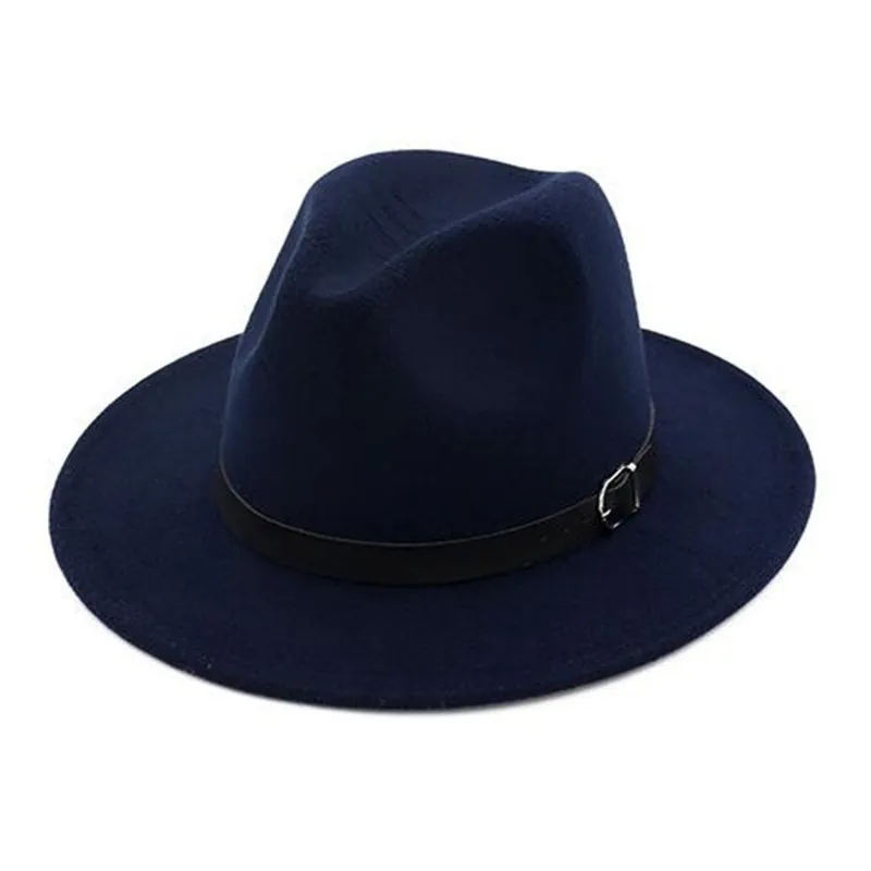Chapeau Fedora en Laine Vintage pour Hommes Femmes Style Britannique Large Bord Chapeau de Jazz Avec Bande à Boucle en Cuir Automne Hiver