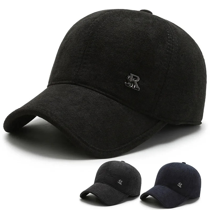 Men Winter Baseball Cap Warm Woolen Fabric Windproof Outdoor Ear Flaps Adjustable Metal Logo Classic Solid Color