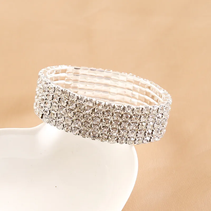 Multi Layer Rhinestone Bracelet Alloy Silver Plated Elastic Bangle Sparkling Crystal Wedding Bridal Jewelry For Women