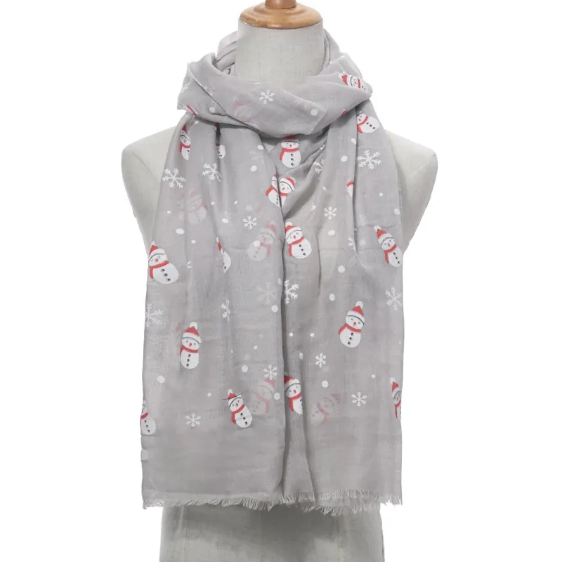 Damen Weihnachten Schneemann Schneeflocke Druck Schal Weich Warm Polyester Winter Schultertuch Rechteckig Lange Wrap Mit Quasten