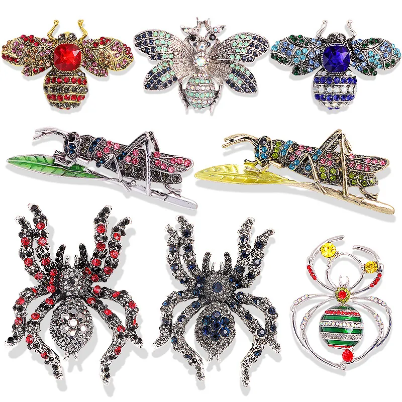 Vintage Alloy Rhinestone Animal Brooches Bee Grasshopper Spider Shape Pins For Women Men Coat Accessory Fashion Jewelry