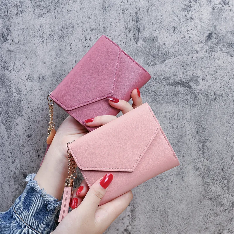 Women Small Wallet PU Leather Tri-fold Envelope Purse With Tassel Heart Charm Card Holder Lychee Pattern