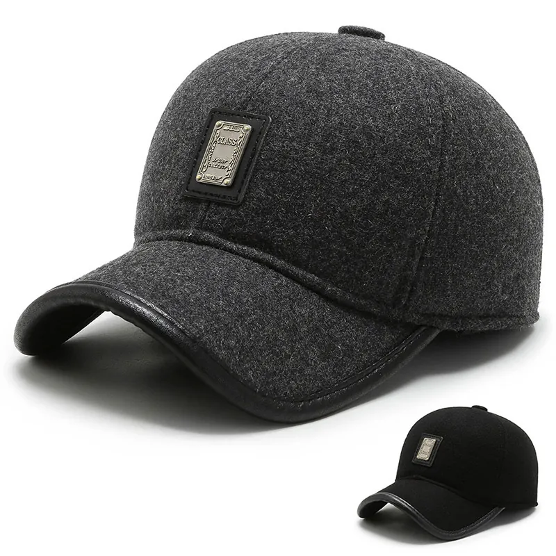 Men's Winter Warm Woolen Baseball Cap With Ear Flaps Leather Trim Thick Dad Hat Outdoor Adjustable Sport Snapback Hat