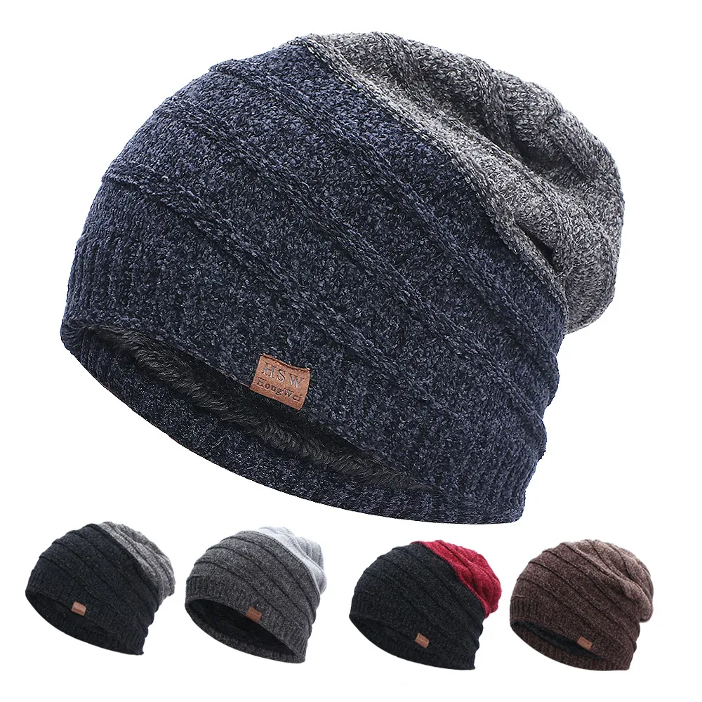 Knitted Beanie Men Winter Chenille Fleece Lined Warm Striped Color Block Skull Cap Outdoor Hat With Leather Patch