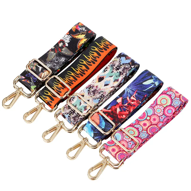 Wide Adjustable Replacement Bag Strap For Crossbody Shoulder Bags Polyester Ethnic Floral Butterfly Pattern With Metal Hook