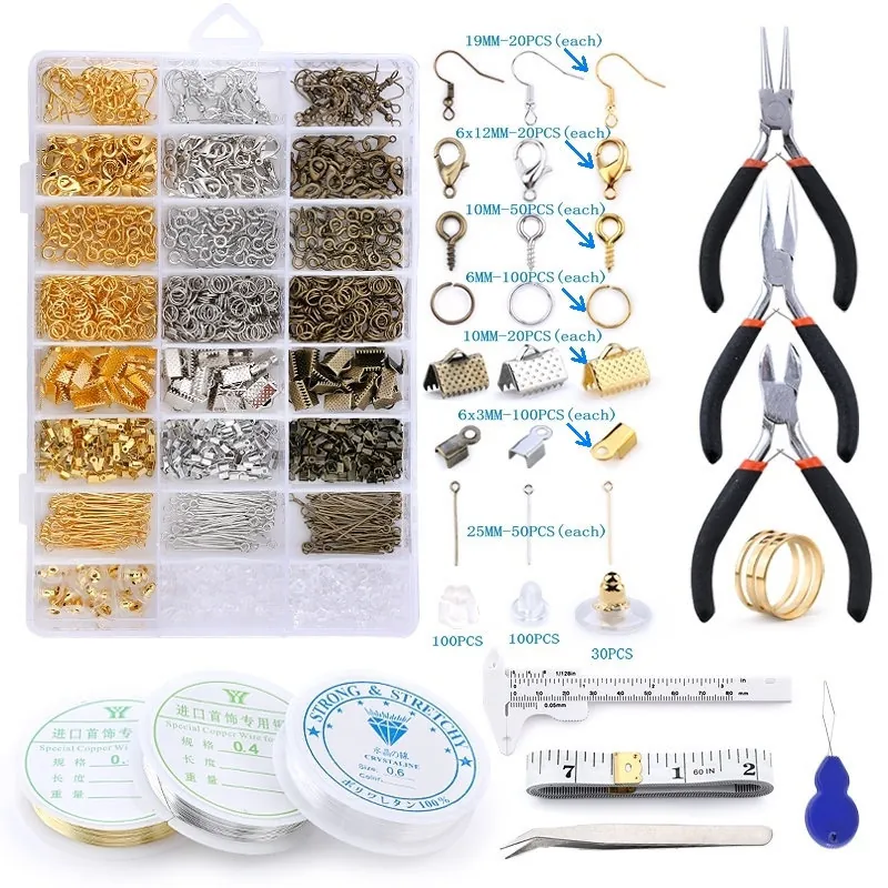 Jewelry Making Kit DIY Findings Tools With Pliers Tweezers Lobster Clasps Earring Hooks Copper Wire Box For Beading Crafting