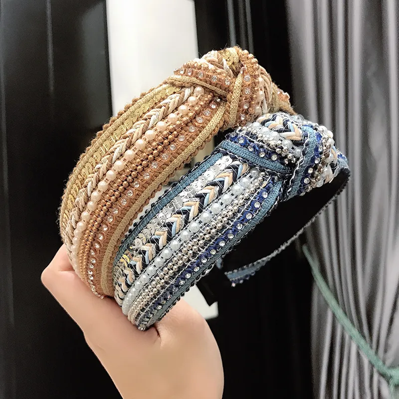 Wide Twisted Knot Headband Fabric With Faux Artificial Pearls Sequins Rhinestones Ethnic Vintage Christmas Hair Accessory For Women