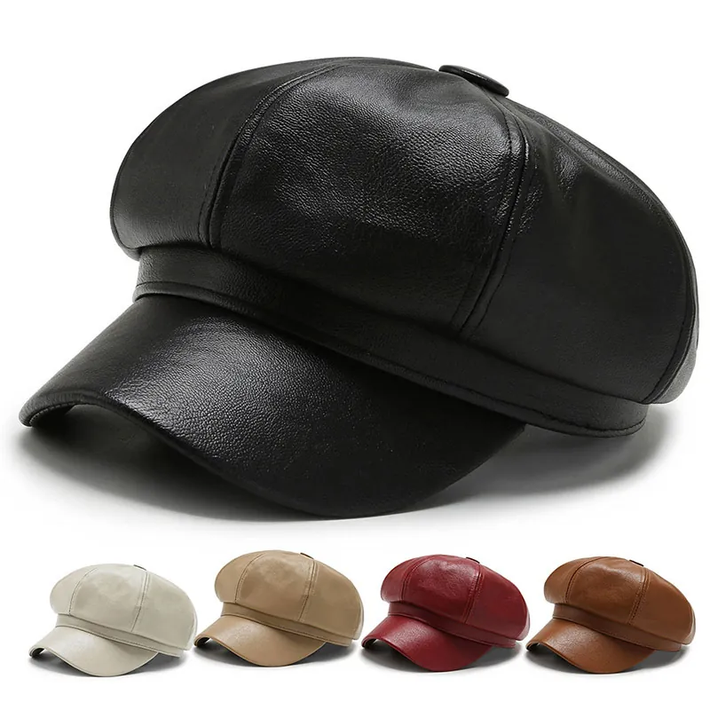 Casquette Newsboy En Cuir PU Vintage Pour Femmes Et Hommes Chapeau De Peintre Rétro Octogonal Couleur Unie Réglable Classique