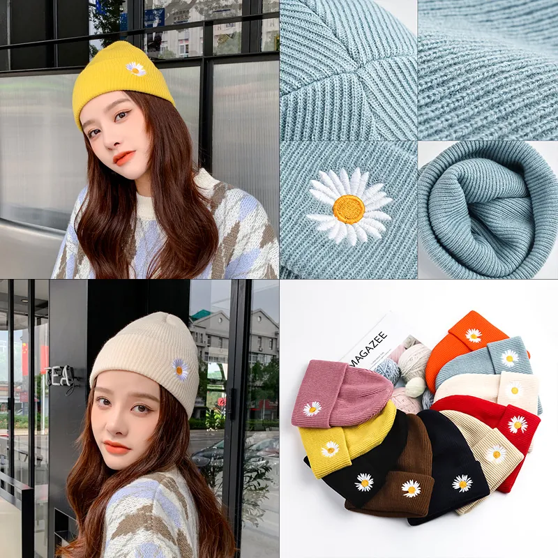 Unisex Winter Warm Knit Beanie Hat Featuring Daisy Embroidery Soft Acrylic Ribbed Cuff Skull Cap Outdoor Casual Headwear