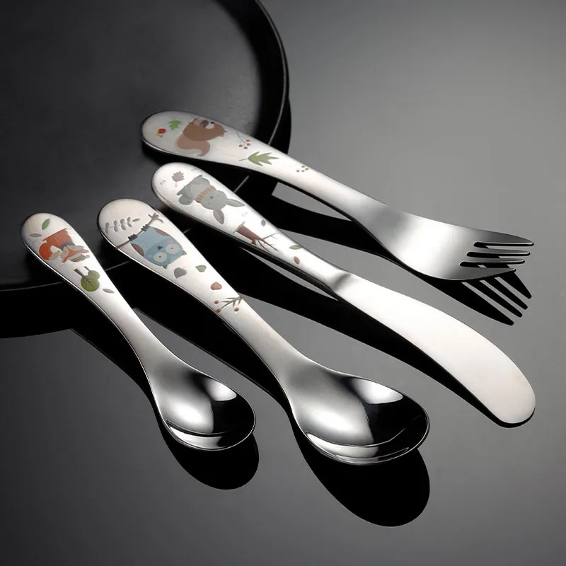 304 Stainless Steel Children Cutlery Cartoon Animal Rabbit Fox Owl Squirrel Pattern Mirror Polished Kitchen Utensils Gift