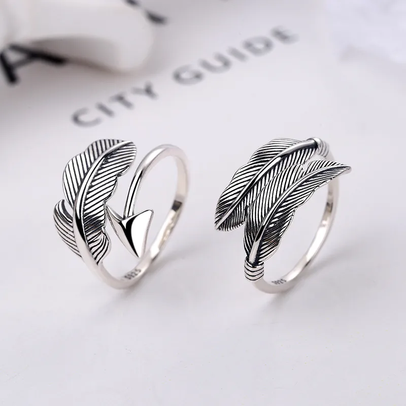 Vintage 925 Sterling Silver Feather Arrow Open Ring For Women Men Adjustable Retro Hip Hop Gothic Jewelry Finger Ring Gift
