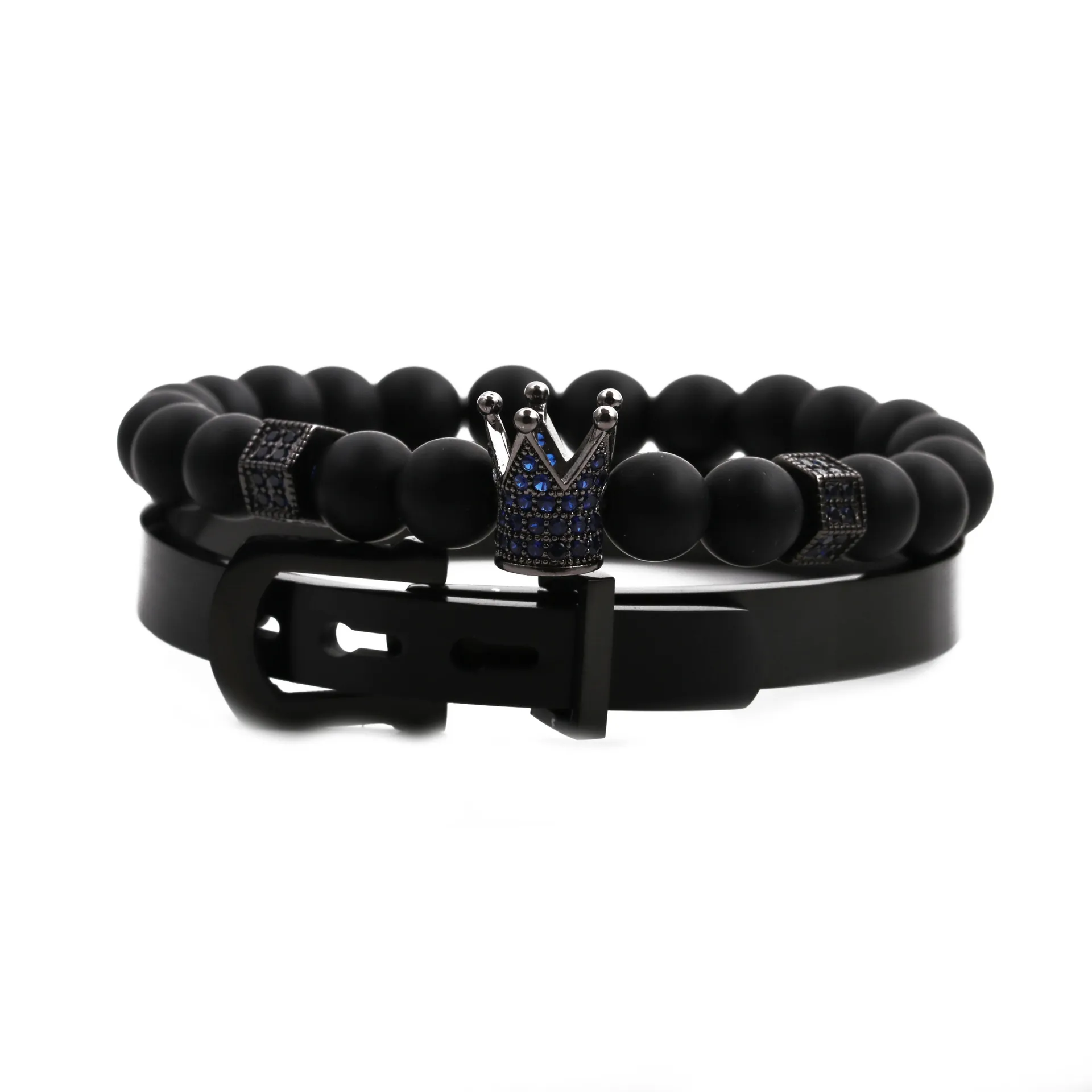 Herren Edelstahl Schnallen Armreif Und Mattstein Perlen Krone Zirkonia Armband Mode Schmuck
