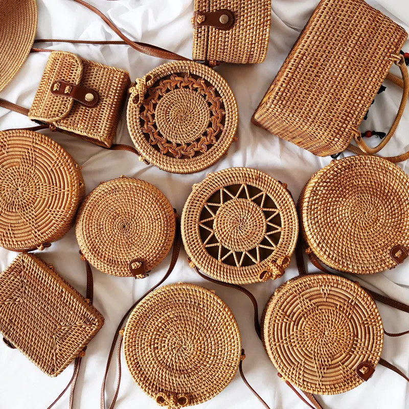 Borsa A Tracolla In Rattan E Paglia Fatta A Mano Donna Motivo Bohémien Intrecciato Spiaggia Estate Viaggio Retro Stile Bali