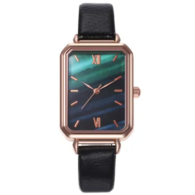 Women Quartz Watch Rectangular Rose Gold Alloy Case Malachite Texture Dial Faux Leather Strap Vintage Casual Style