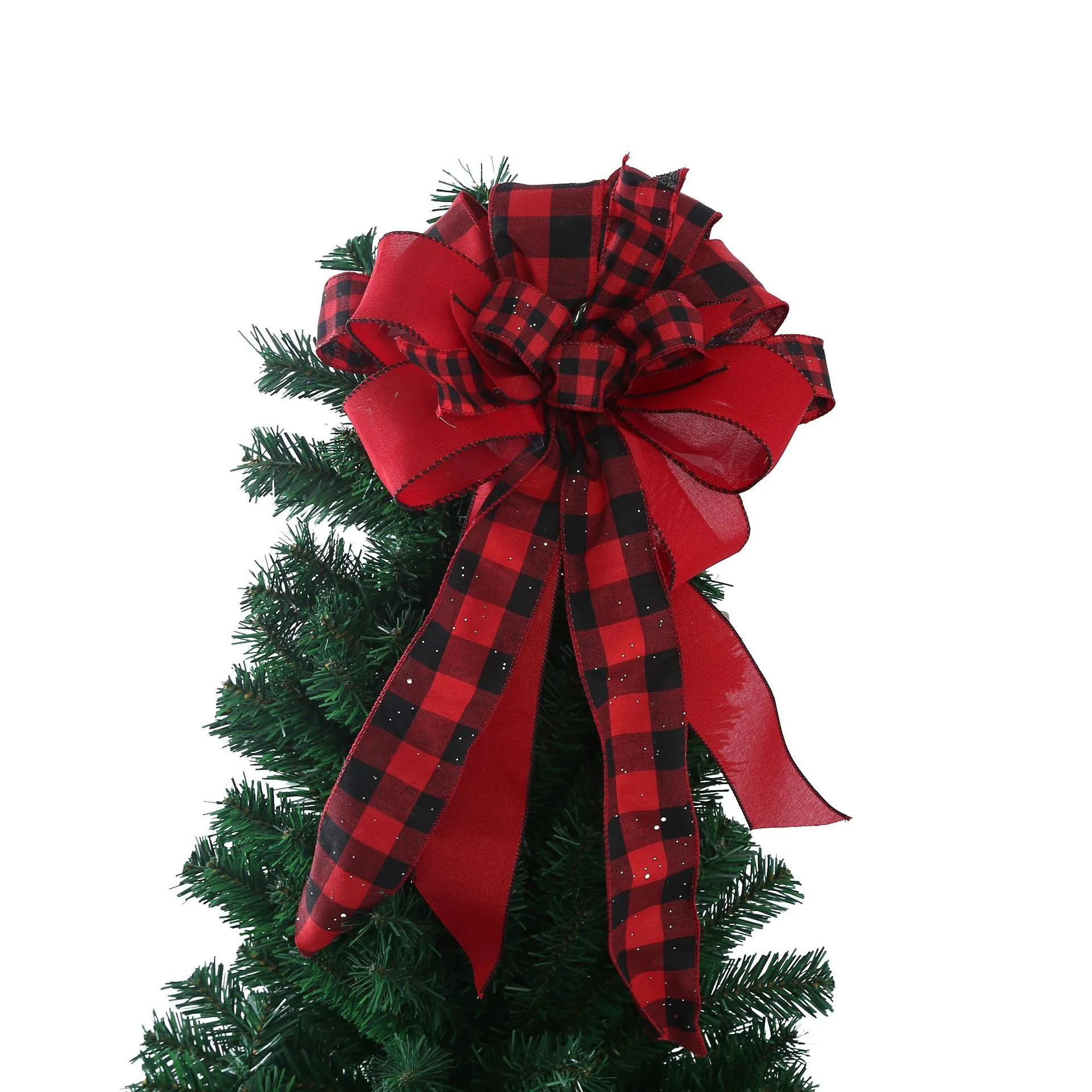 Handmade Large Christmas Tree Topper Bow Polyester Buffalo Plaid Gingham Ribbon Decorative Bow For Holiday Home Ornament