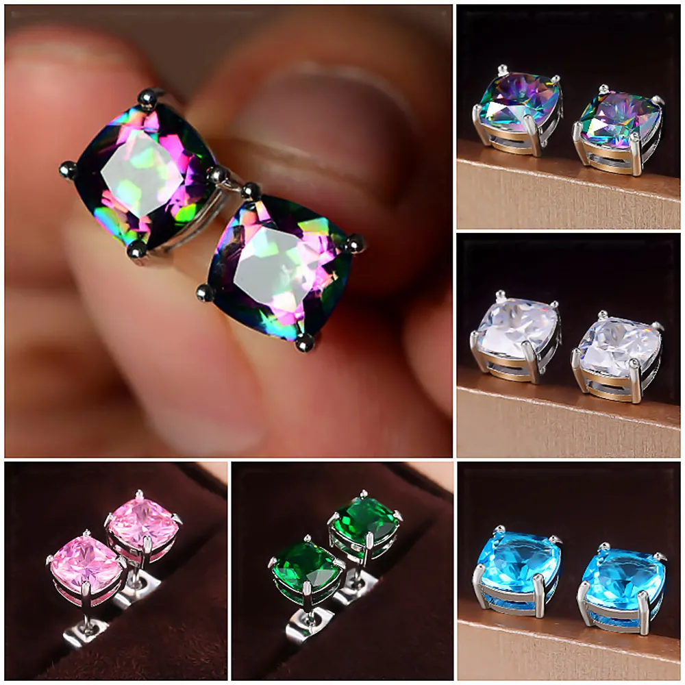 Square Zircon Stud Earrings Geometric Copper Four Prong Setting Fashion Daily Jewelry For Women Colorful Elegant Accessory