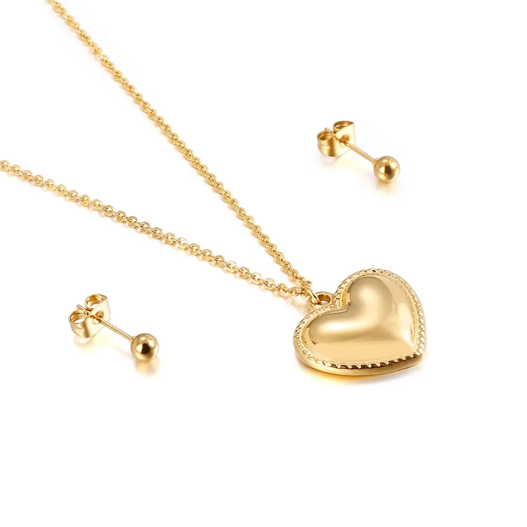 Herz Anhänger Halskette Und Runde Perlen Ohrstecker Edelstahl Einfacher Modeschmuck Für Damen