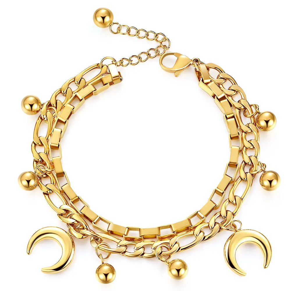 Double Layer Stainless Steel Bracelet With Crescent Moon Pendant And Round Beads Adjustable Fashion Jewelry For Women