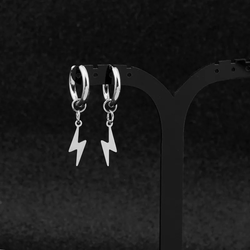 Stainless Steel Lightning Bolt Drop Hoop Earrings Minimalist Polished Punk Style Jewelry For Men And Women Clip On