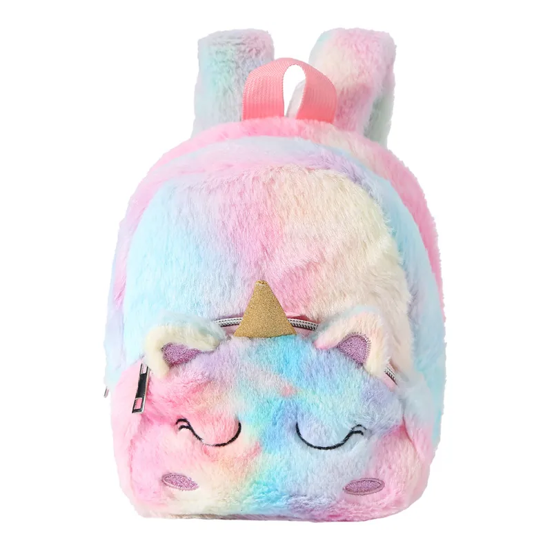 Kids Plush Backpack Soft Cartoon Unicorn Cat Fox Pattern Rainbow Gradient Lightweight Travel Bag For Girls