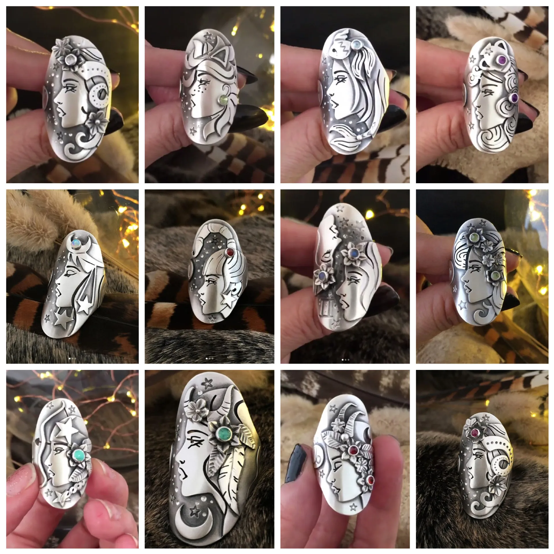 Vintage Alloy Ring Constellation Zodiac Sign Carved Portrait Synthetic Gemstone Bohemian Retro Women Jewelry