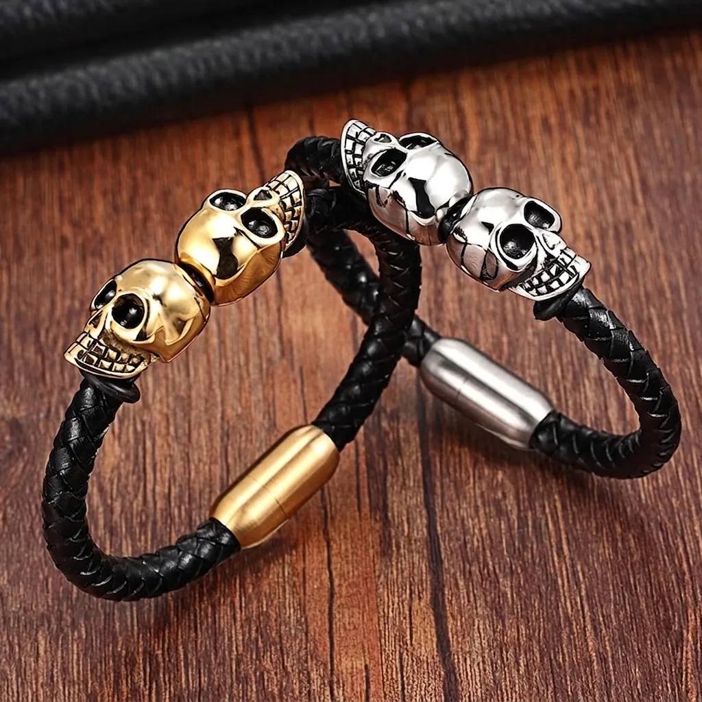 Men Woven Leather Bracelet Stainless Steel Skull Charms Punk Gothic Magnetic Clasp Personalized Wristband Jewelry
