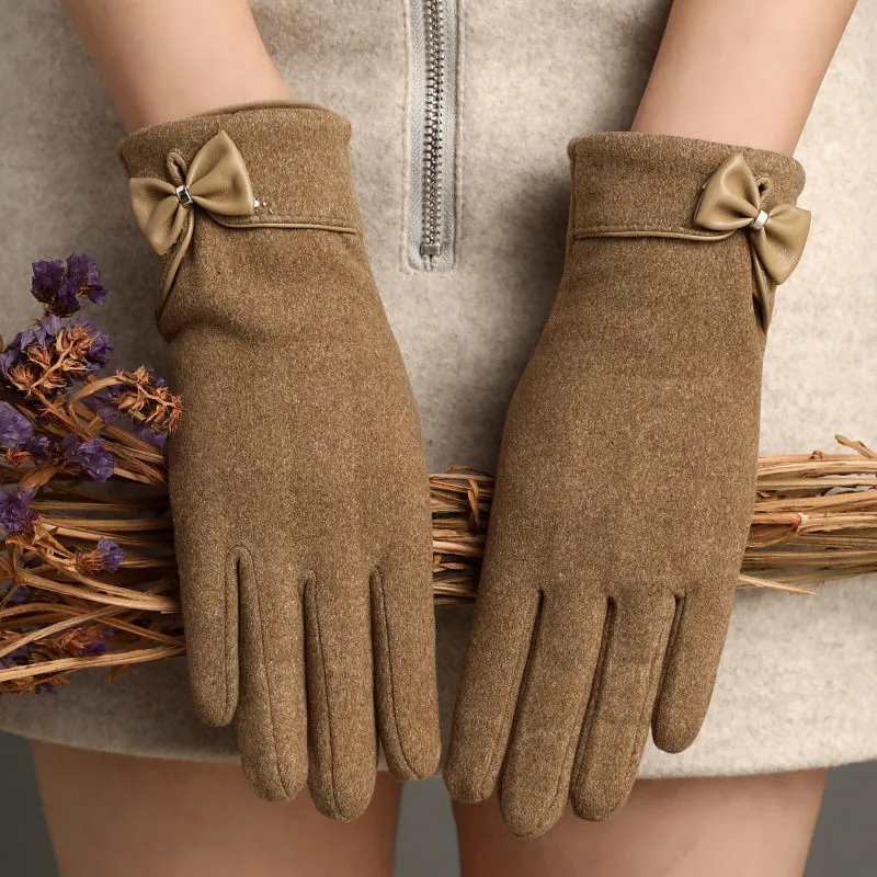 Elegant Women Winter Warm Gloves Rabbit Hair Velvet Knit Fabric Touchscreen Compatible Leather Bowknot Solid Color