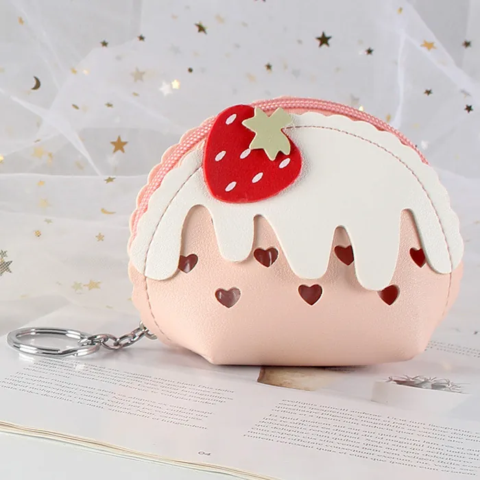Mini Porte-monnaie Mignon En Forme De Gâteau Aux Fraises Portefeuille En Cuir PU Avec Porte-clés Pour Femmes