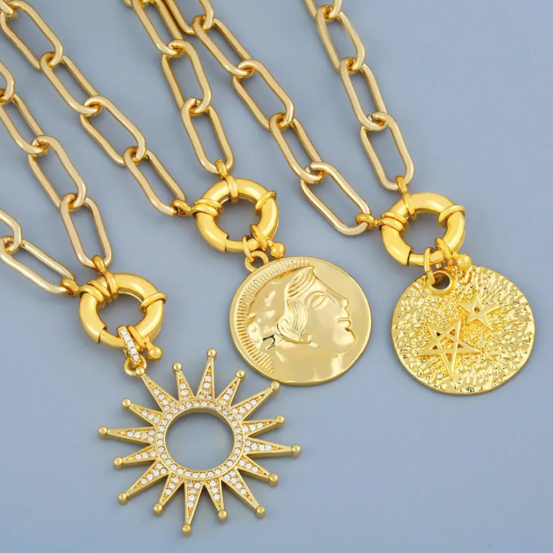 Collar Con Colgante Cobre Chapado En Oro Circón Geométrico Vintage Cadena De Clip Joyería Para Mujeres